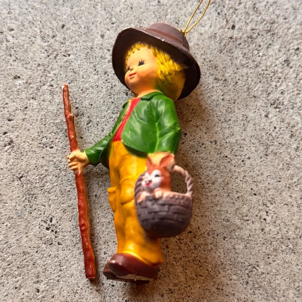 Vintage Boy with Rabbit Figurine Christmas Ornament - Made‎ in Hong Kong